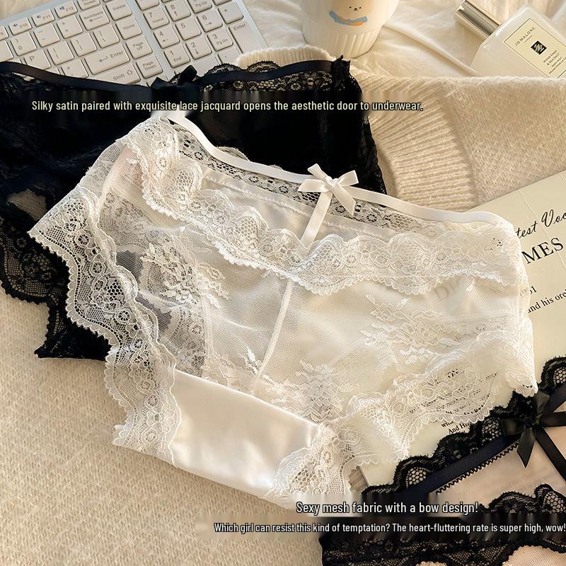 French Lace Satin Low-Waist Sexy Panties for Women with Cotton Crotch, Breathable and Stylish Design