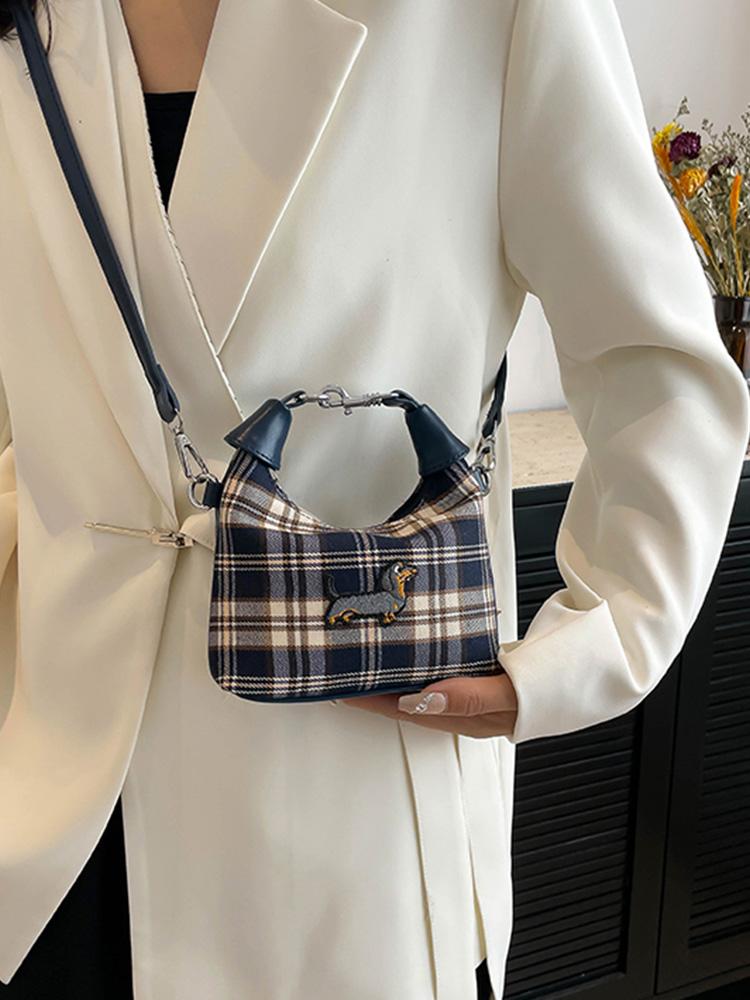 Herbstmode Kariertes Canvas Damen Tasche Trendiger PU-Leder Schultergurt Mini Umhängetaschen Damen Niedliche Lippenstift Münzbörse