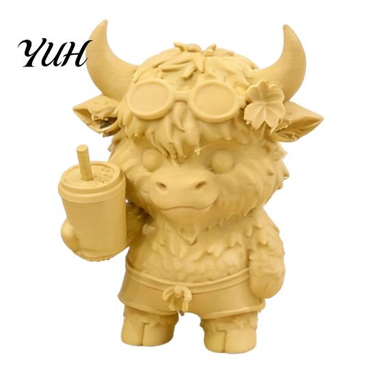 Helande Djurstaty Set 2st Söt HöglandsKo Figur, 3D-printade Bubble Tea Statyer, Kreativ Hartsliknande Modell Sommarbondgårdsstil Skrivbords