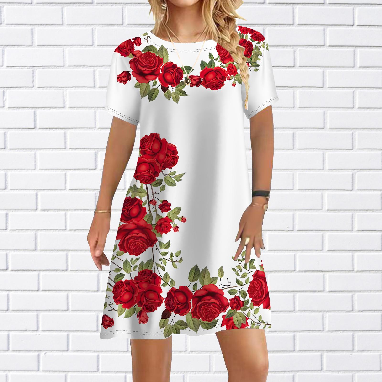 

Женское повседневное платье Летние платья с принтом оранжевых роз для женщин Платье с коротким рукавом и круглым вырезом размера плюс 4XL белый