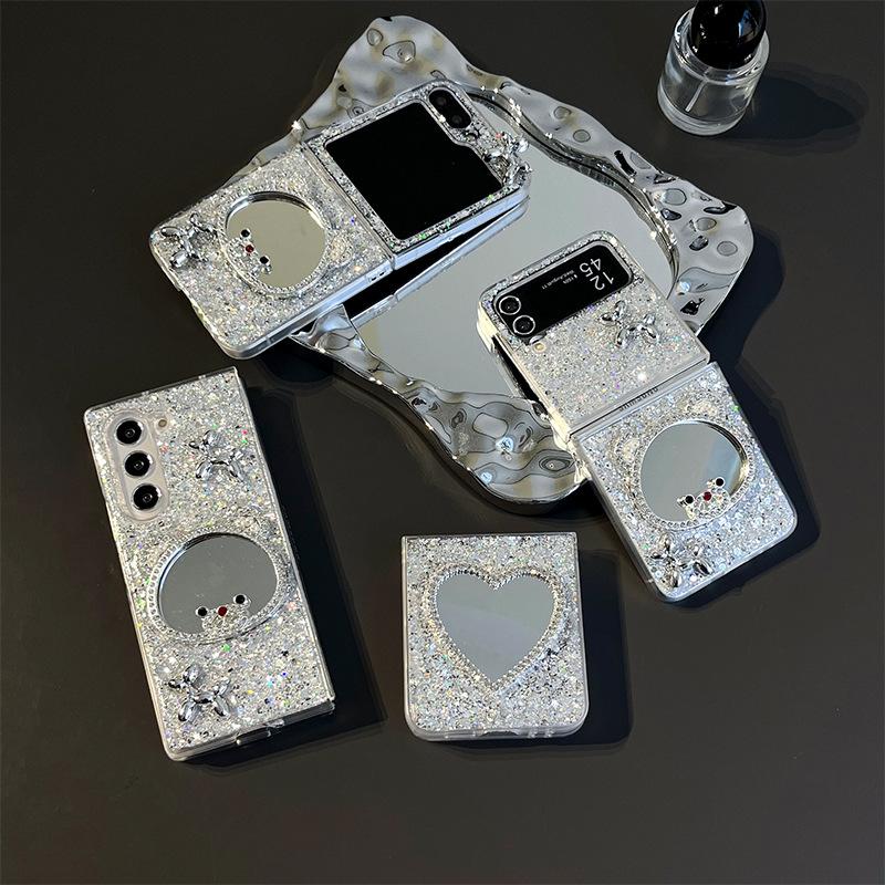Rhinestone Love Bear Mirror Mobile Phone Case For Samsung Zflip6 Clamshell Folding Screen Zfold5 Sequin Female