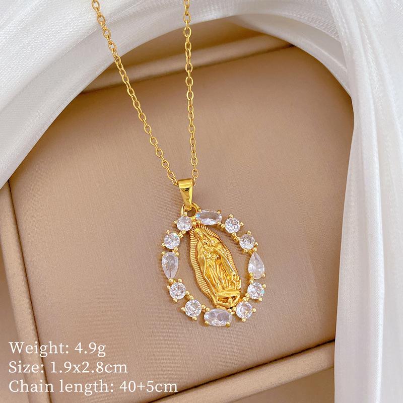 

Stainless Steel Chain Necklace Luxury Hollow Oval Zircon Virgin Mary Pendant Necklace for Women Men Religious Gifts for Lover