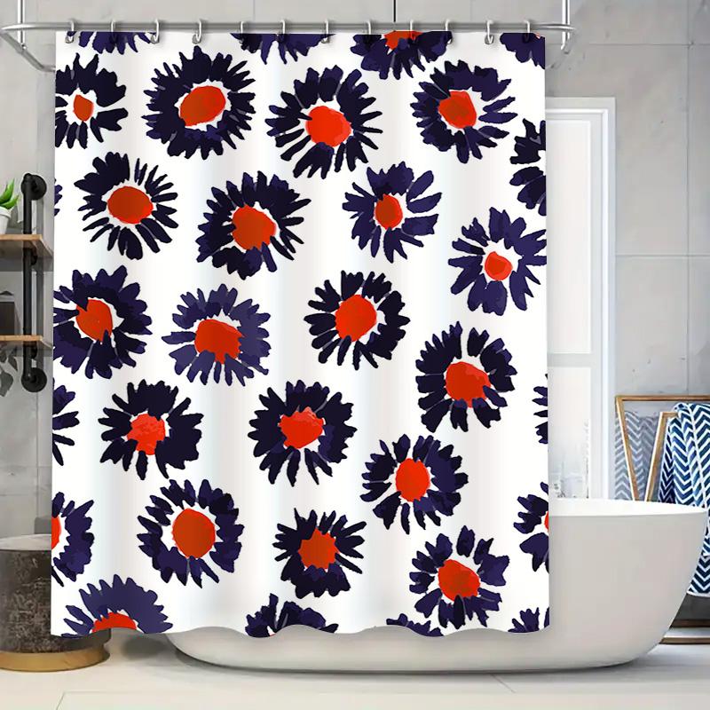 

Modern Floral Shower Curtain Navy Blue Red Bloom Print Decorative Bath Liner For Home Decoration W60H190(CM)-1 Pcs
