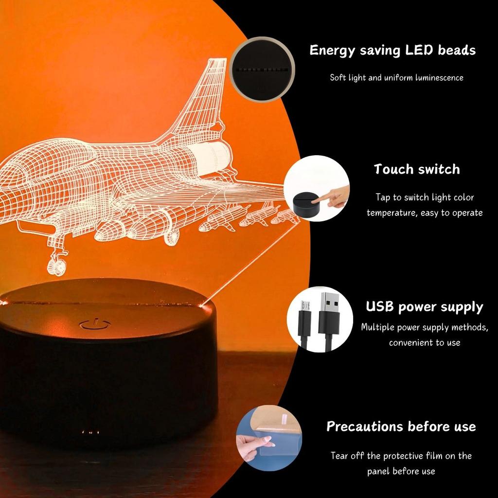 Fighter aircraft 3D night light, 3D optical illusion light with touch, bedroom 7-color color changing ambient light