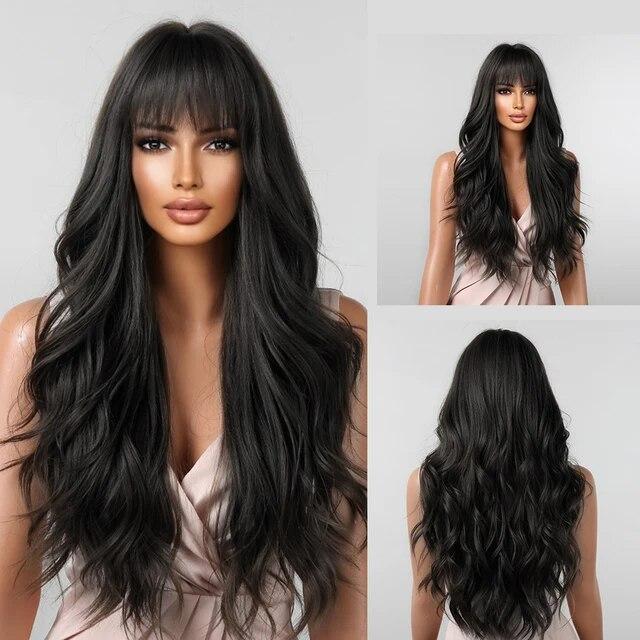 Long Water Wave Synthetic Wigs with Bangs Natural Ginger Brown Loose Curly Wavy Wig for Black White Women Heat Resistant Daily