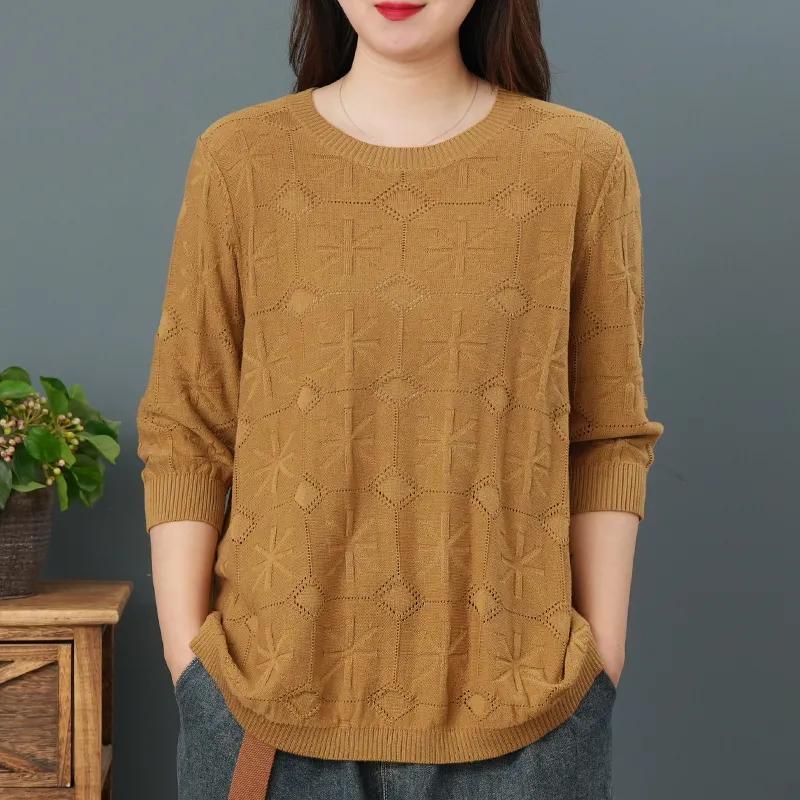 Autumn Round Neck Cotton Casual Loose Three-quarter Sleeve Knit Sweater Women Retro Literary Loose Thin T-shirt Women