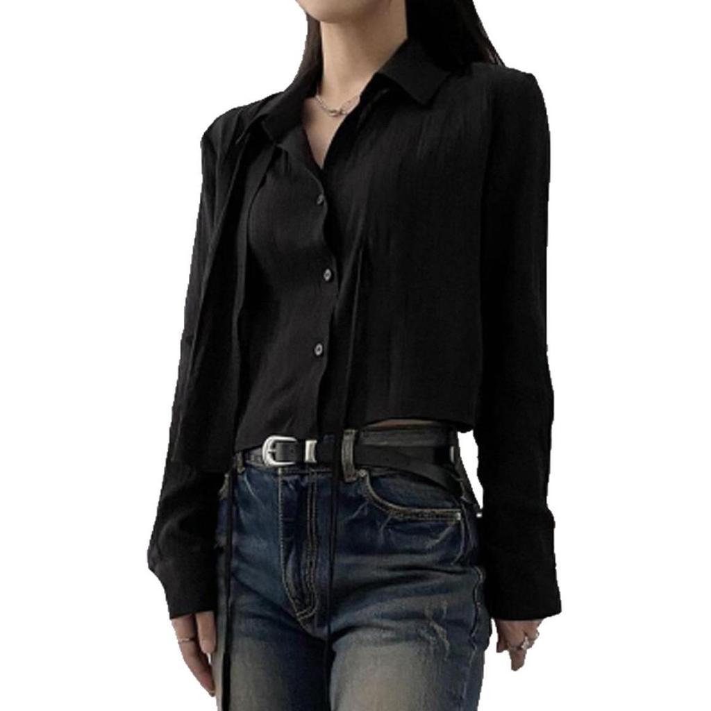 Korean INS Blogger Style 2026 Faux Two-Piece Lace-Up Blouse for Women - Early Spring/Autumn Fashion
