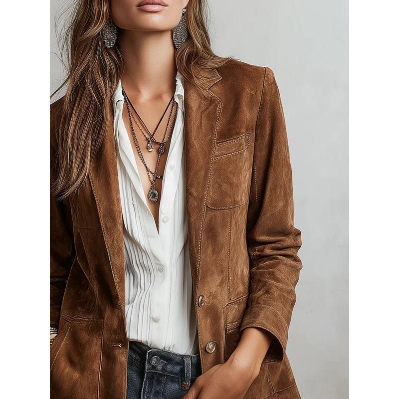 Women S Retro Suede Single Breasted Long Sleeve Jacket