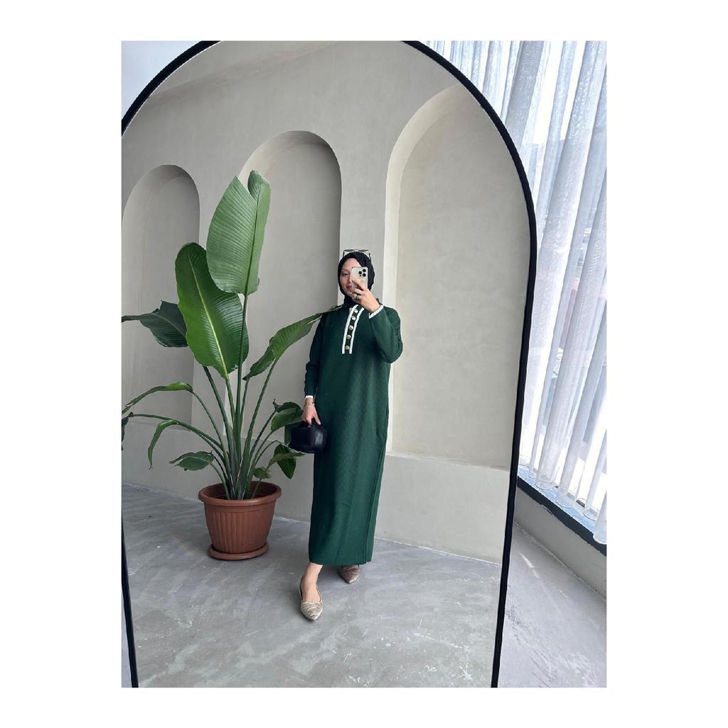 Übergroßes, geknöpftes V-Ausschnitt-Hijab-Kleid aus gerippter Strickware, geripptes langes Winterkleid in voller Länge