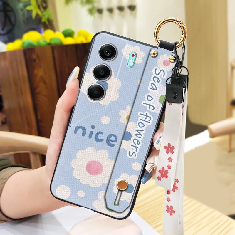 Durable Lanyard Phone Case For Tecno Camon40 Pro 4G/5G/CM6/CM7 Waterproof Back Cover Oil Painting Ring Silicone Flower