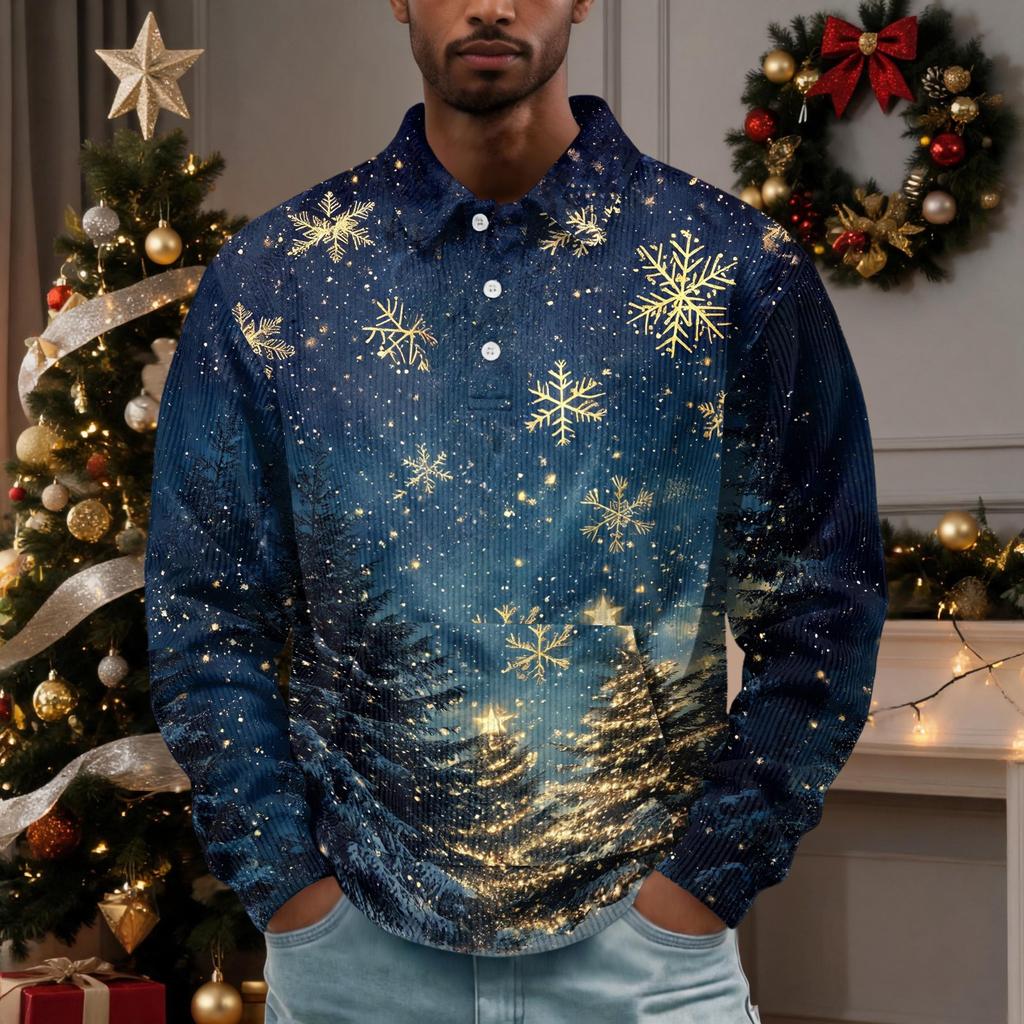 Men's Vintage Corduroy Christmas Print Long Sleeve Pullover with Collar and Pocket, Casual Top