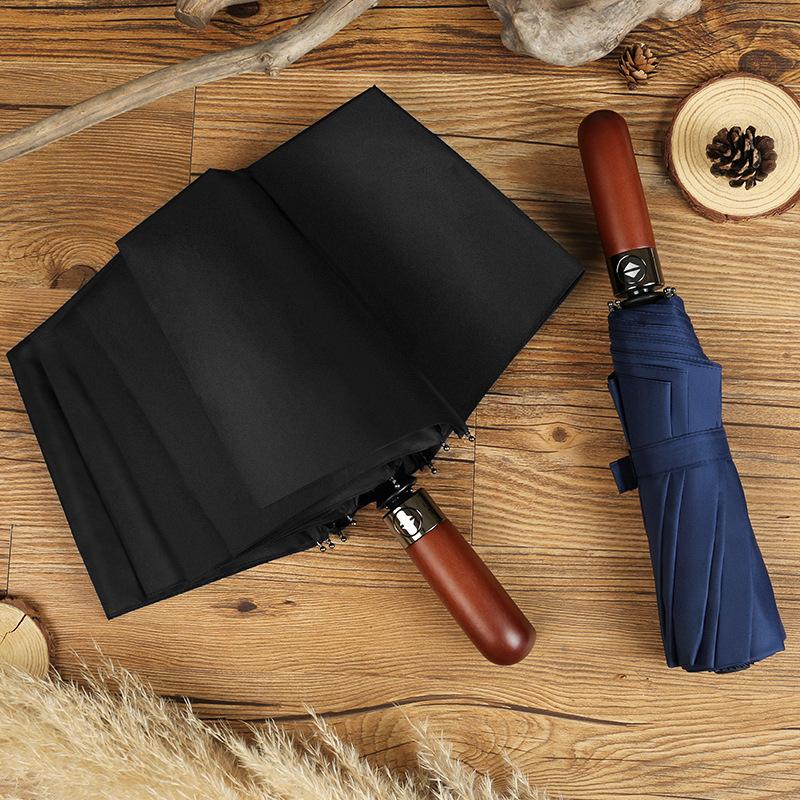 10-Bone wind-resistant full automatic wooden handle lettering three-fold men's umbrella umbrella umbrella