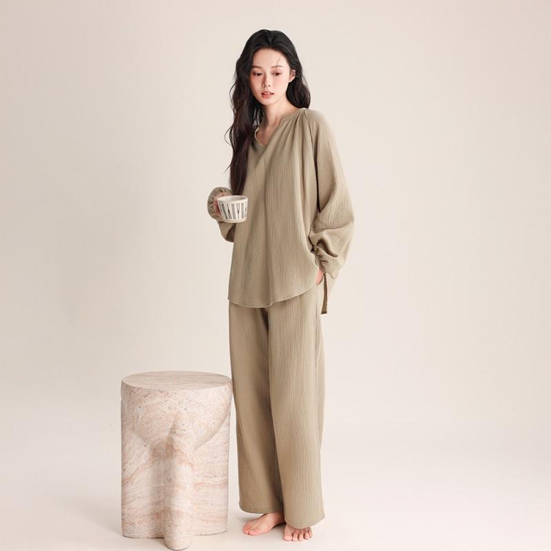Womens Lightweight Cotton Pajama Set V-Neck Long Sleeve Loose Lounge Wear