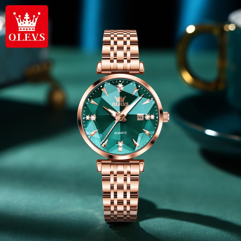 OLEVS Original Quartz Watch for Women Fashion Rhombus Mirror Elegant Rose Gold Steel Strap Waterproof Women's Dress Wristwatches