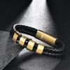 Stainless Steel Engraved Name Bracelet Men Minimalist Double Layer Leather Woven Black Adjustable