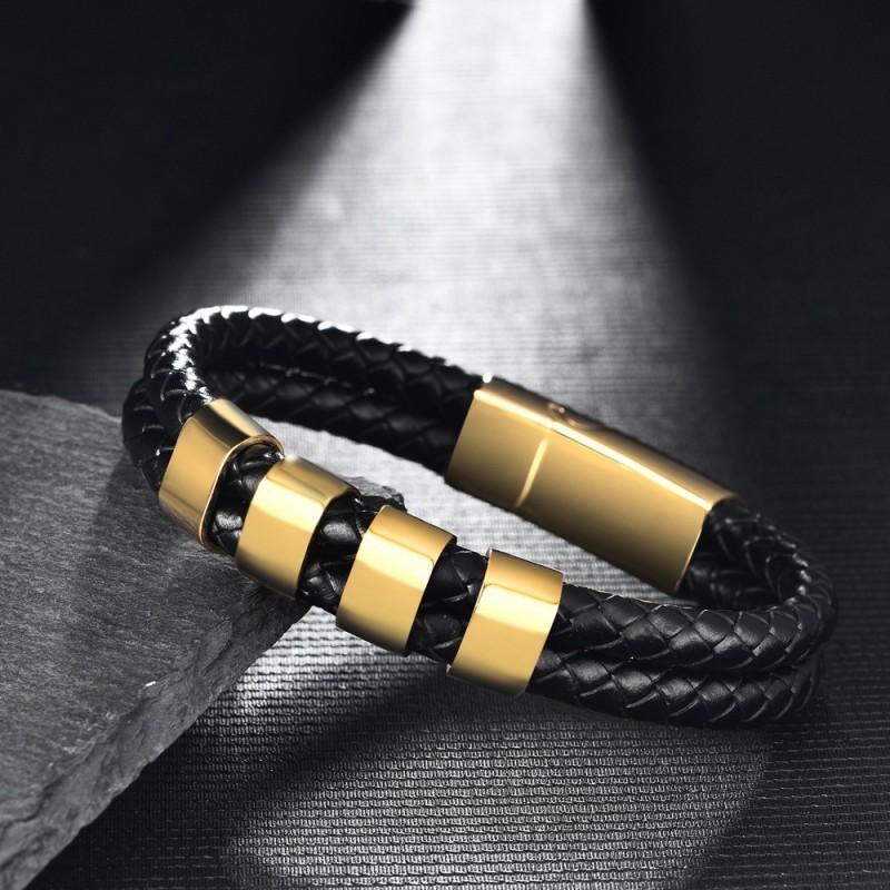 Stainless Steel Engraved Name Bracelet Men Minimalist Double Layer Leather Woven Black Adjustable