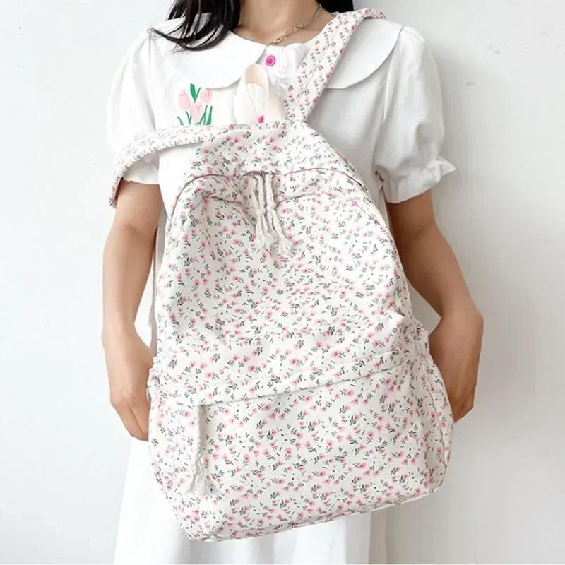 Korean Student School Backpack Floral White School Bags for Teenage Girls Cute Women's Backpack Brand Book Bag Nylon Rucksack