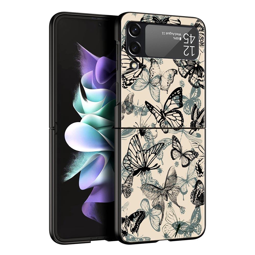 Fashionable Butterfly Flower Pattern Hard PC Phone Case For Samsung Galaxy Z Flip 7 6 5 4 Black Cover For Galaxy Z Flip 3 Shell