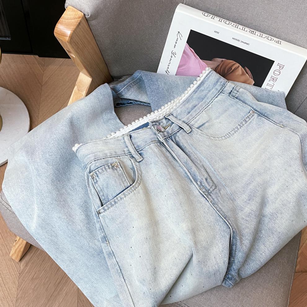 Korean Style Elegant Pearl Waist Rhinestone Light Jeans - Women's High Waist Straight Slimming Wide Leg Pants