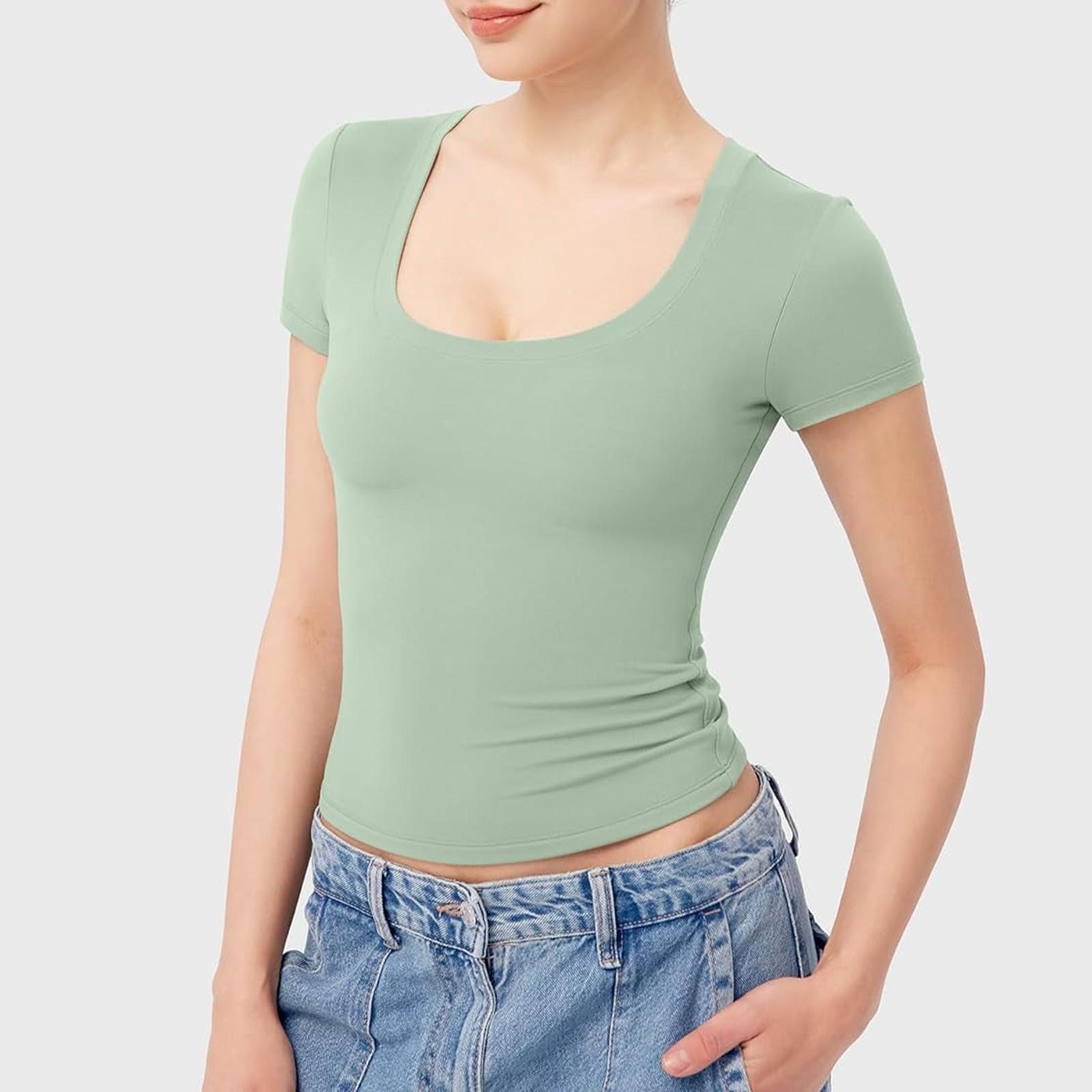

Женские сексуальные футболки с коротким рукавом и круглым вырезом, облегающие топы для выхода в свет M светло-зеленый
