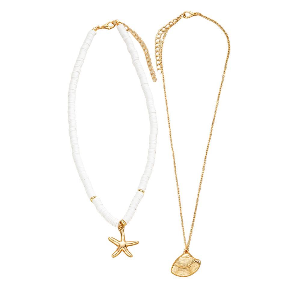 Dvoudílná sada módního náhrdelníku z měkké keramiky ve tvaru hvězdice a mušle, bosenský plážový prázdninový styl, vrstvený řetízek na klíční kost