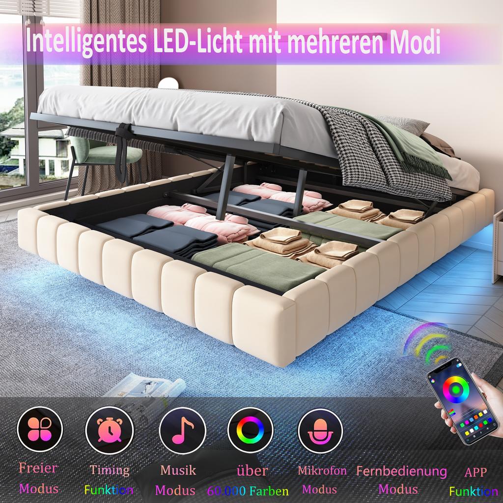 Cama Tapizada 180x200 cm, Estructura de Cama Flotante Hidráulica con Espacio de Almacenamiento, Cama Multifuncional sin Cabecero con Luz LED, Lino Beige