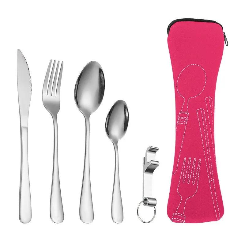5 stk Beinpakke Utendørs Reise Bærbart Bestikk Kniv, Gaffel, Skje Sett, Rustfritt Stål Kniv, Gaffel Sett Hot Selling