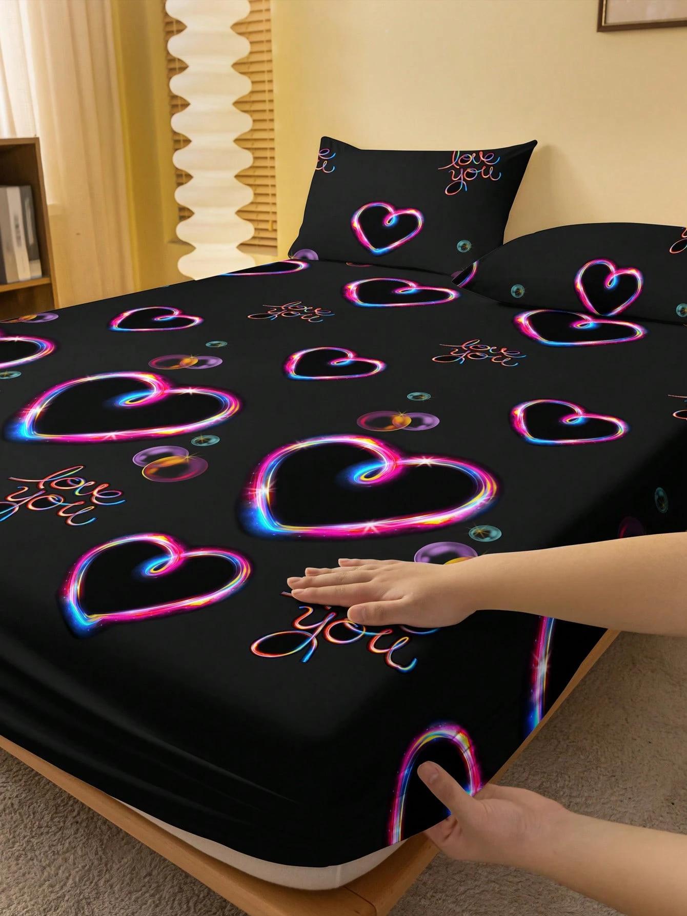

3PCS Fitted Sheet Set Neon Hearts Printed Flat Set With 2 Pillowcases Simple Style Romantic Pattern For Girls Room Dormitory 200x220x25cm