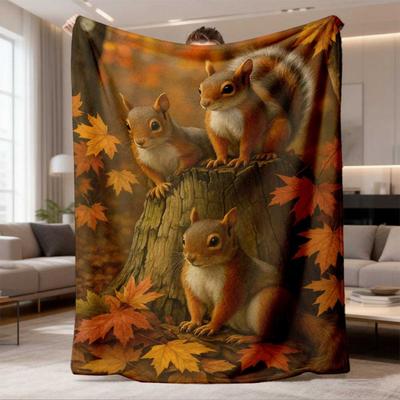 2026 New Arrival Flannel Blanket 1pc Cozy Autumn Forest Squirrel Print Flannel Blanket - Soft Polyester, Machine Washable, Perfect for Sofa, Bed, or T
