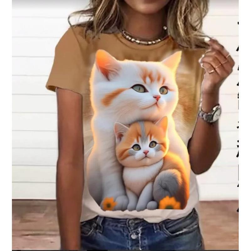 Sommer Rundhals 3D Katzenprint Top Modische Lässige Kurzarm Damen T-Shirts