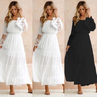 Women Off Shoulder Lace Patchwork Dress Long Sleeve Evening Party Dress Trendsetting Must-have Items Fashion Versatile Outfits