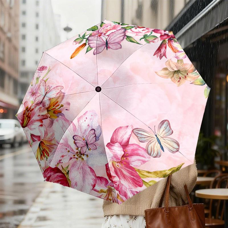 1 Stück Blumen Schmetterling Automatischer Faltregenschirm, Robuster 8-Rippen-Eisenrahmen, Geeignet für Reisen, Täglichen Gebrauch, Geburtstag, Dekorationsgeschenk m0104019