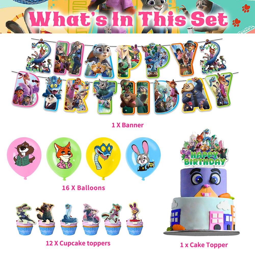 30pcs Zootopia Party Supplies Include Banner, Cake Topper, Balloons