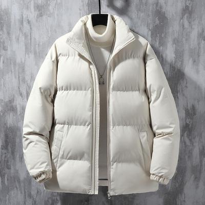 Erkek Mont Askısı Yaka Uzun Kollu Fermuar Kapatma Kapitone Ceket Düz Renk Kalınlaştırılmış Bol Kesim Şişme Mont Yan Cepli