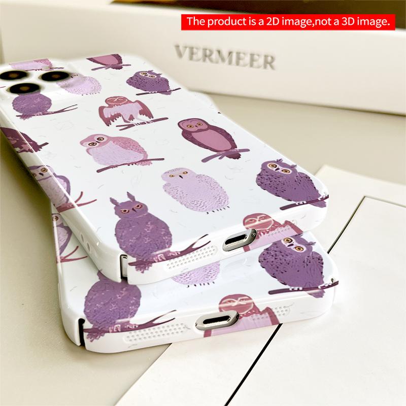 2DFlat Purple Owls Pattern Phone Case All inclusive film hard iPhone case, compatible with iPhone 18 Pro Max 17 16 15 14 13 12 11