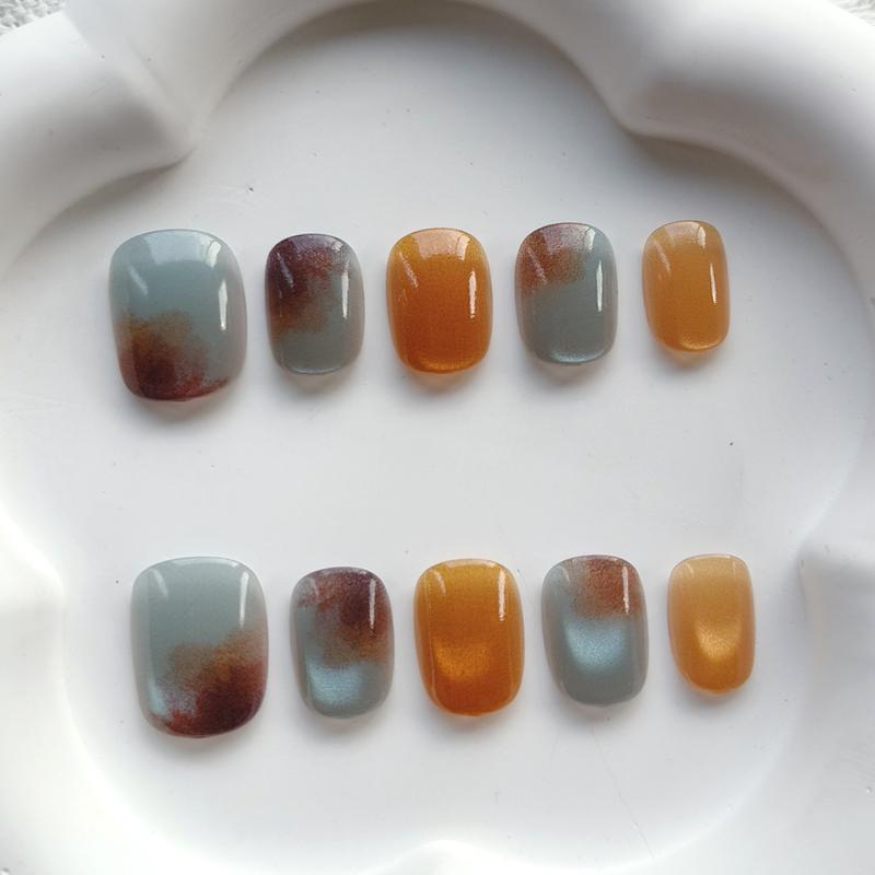 10Pcs Short Square Blue Brown Patchwork French Press On Nails Full Coverage Waterproof Artificial False Nails
