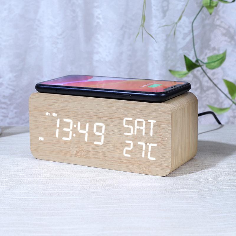 Wireless Charging Electronic Clock Creative Wooden Wireless Charging Clock Digital Clock Perpetual Calendar Sleep Alarm Clock
