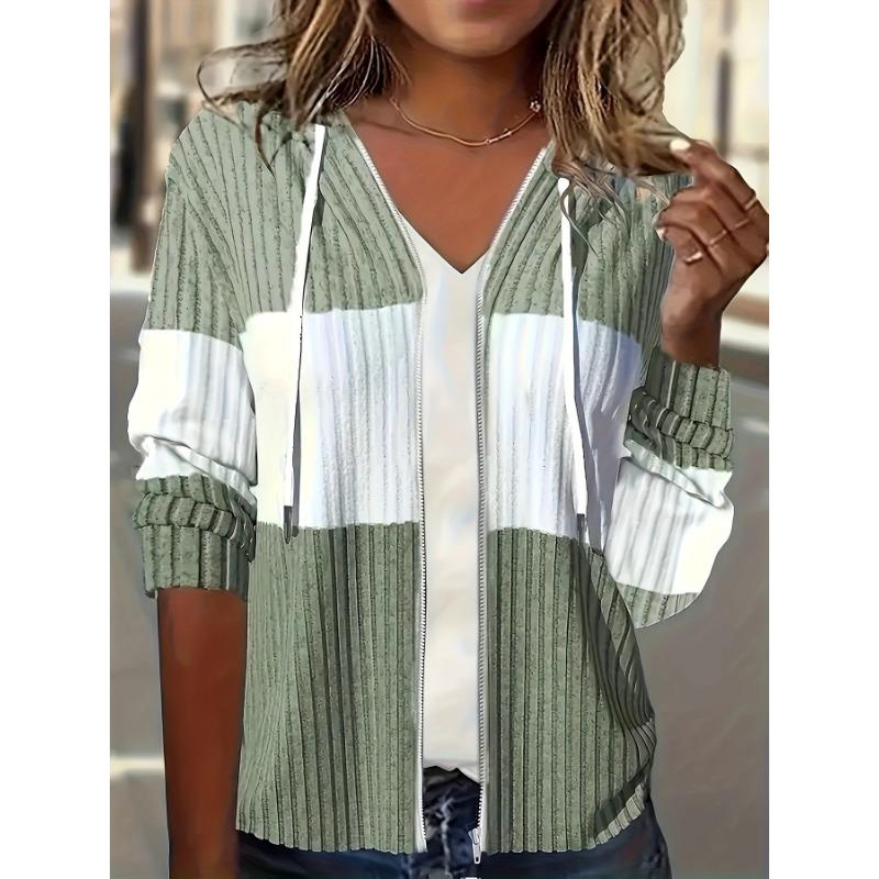 Colorblock Zip-up Hoodie-Jacke, Lässige Langarm-Kordelzug-Rippstrickjacke für Frühling & Herbst, Damenbekleidung