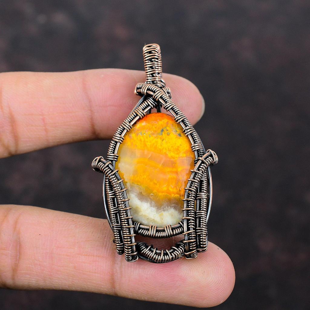 Bumble Bee Jasper Pendant Copper Wire Wrapped Pendant Gemstone Pendant Unique Copper Jewelry Handmade Pendant Wire Wrap Jewelry Gift For Him