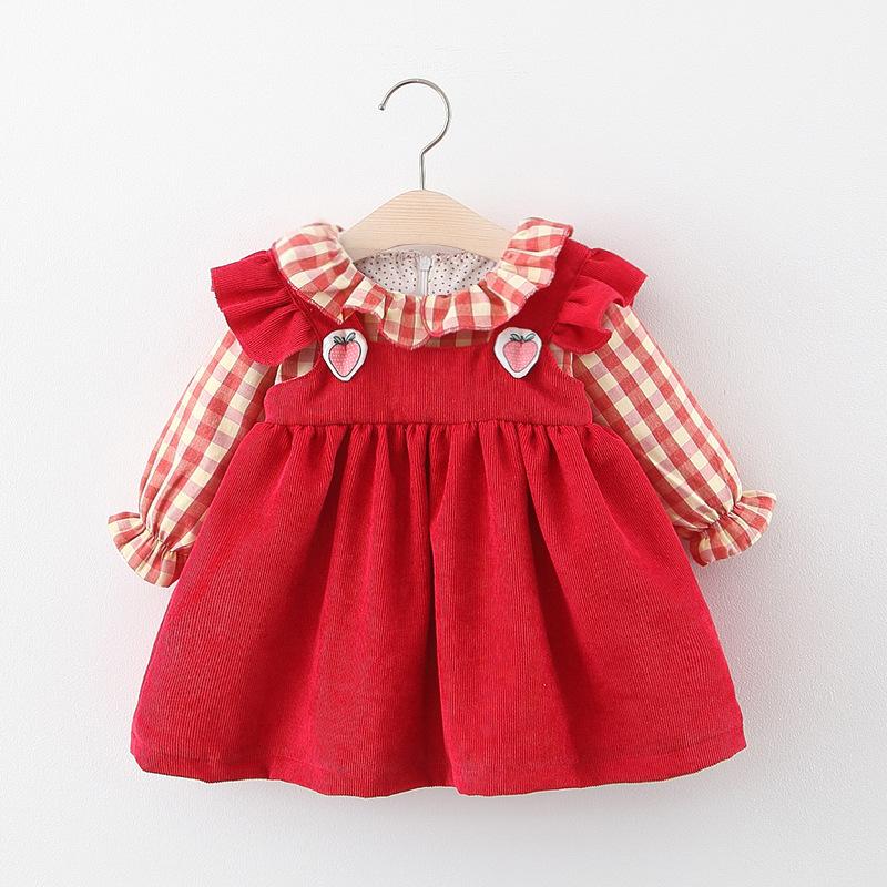 Cheap Baby Girls Clothes Strawberry Plaid Infant Girl Dresses Autumn