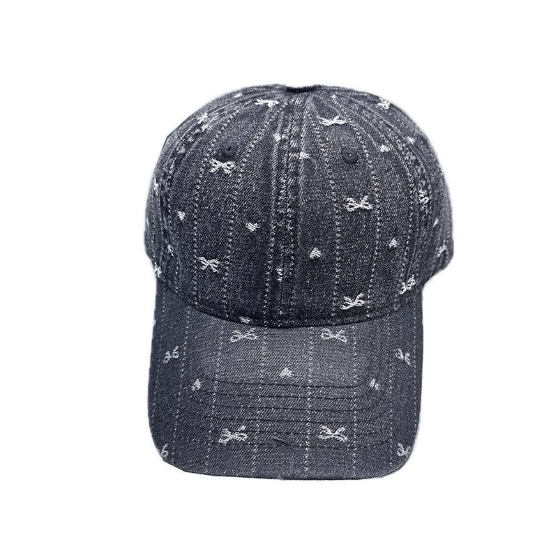 New Korean-style bowknot denim baseball cap for women with wide brim and large head circumference
