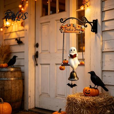 Halloween Courtyard Hanging Bell Swing Ghost Doorbell, with Pumpkins Decor, Gothic Style Trick Festive Front Door Hanger or Treat Sign, for Farmhouse