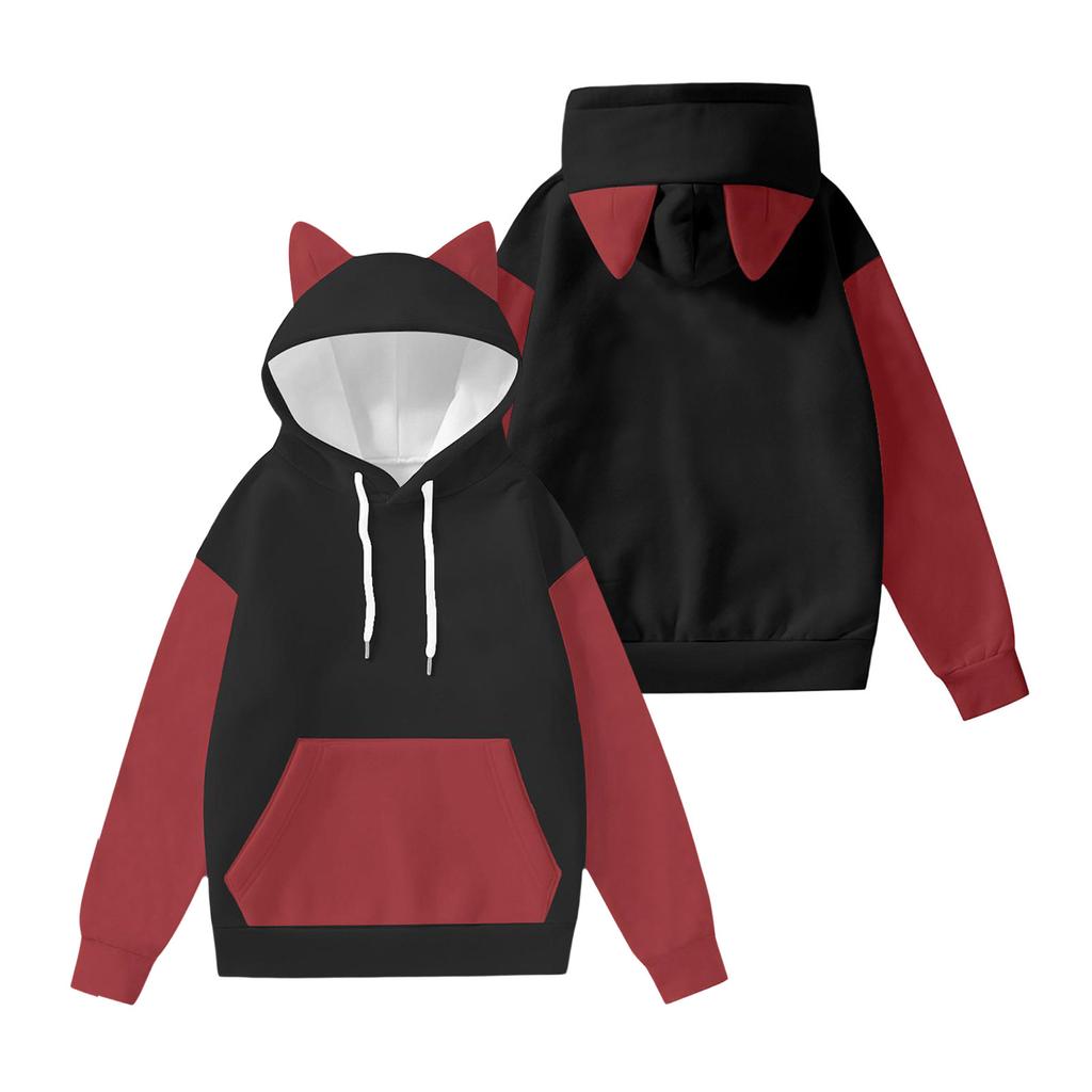 Women's Fashion Long-Sleeved Color-Blocked Printed Hooded Sweatshirt With Ears