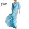 Tie Waist Women Dress V- Neck Long for Summer Autumn Solid Color Casual A-Line Dress Half Sleeves Swing Maxi