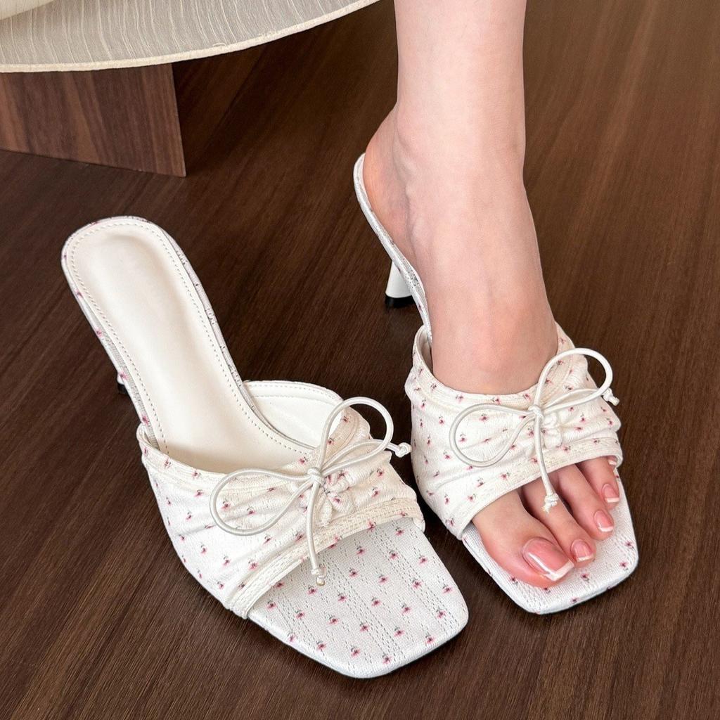 Women's Shoes Summer Square Toe High Heel Slipper Fashion French High Heel Sandals for Women Peep Toe Butterfly-knot Dress Slide