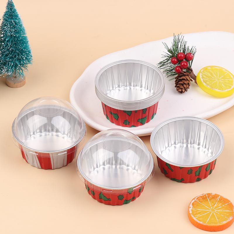 10Pcs Reusable Aluminum Foil Cup With Lid Pudding Cake Mold Air Fryer Tinfoil Box Baking Tray Tinfoil Cups Baking Pastry Tools