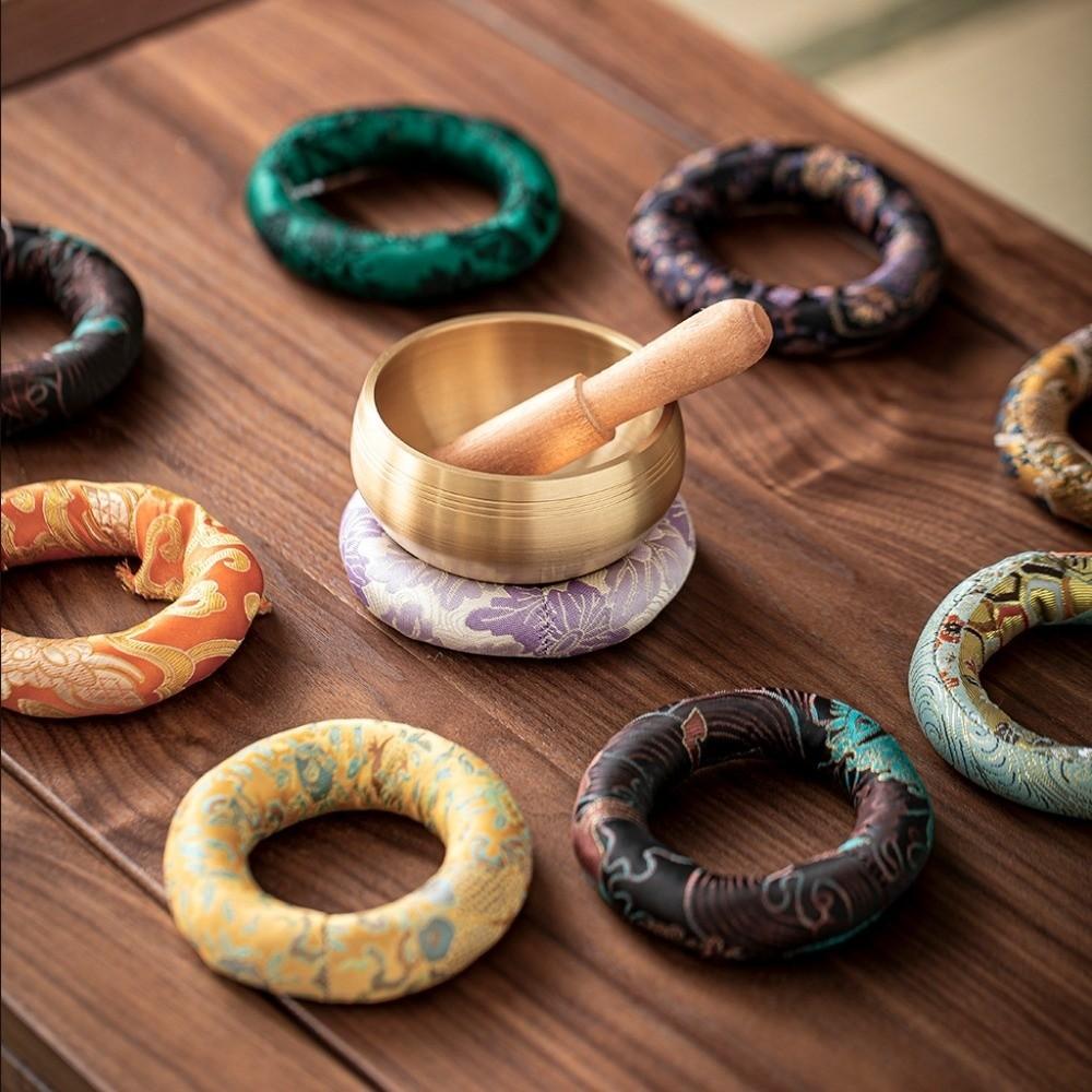 Round Singing Bowl Mat Cloth Drink Cup Mat Handcrafted Item Donut Shape Mat Yoga Practice