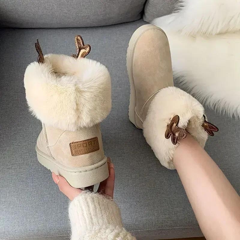 

Fashion Kawaii Ladies Snow Boots Large Size Warm Elegant With Medium Heels Cute Female Shoes Plus Winter Footwear 2024 Work on Slip Chic 40