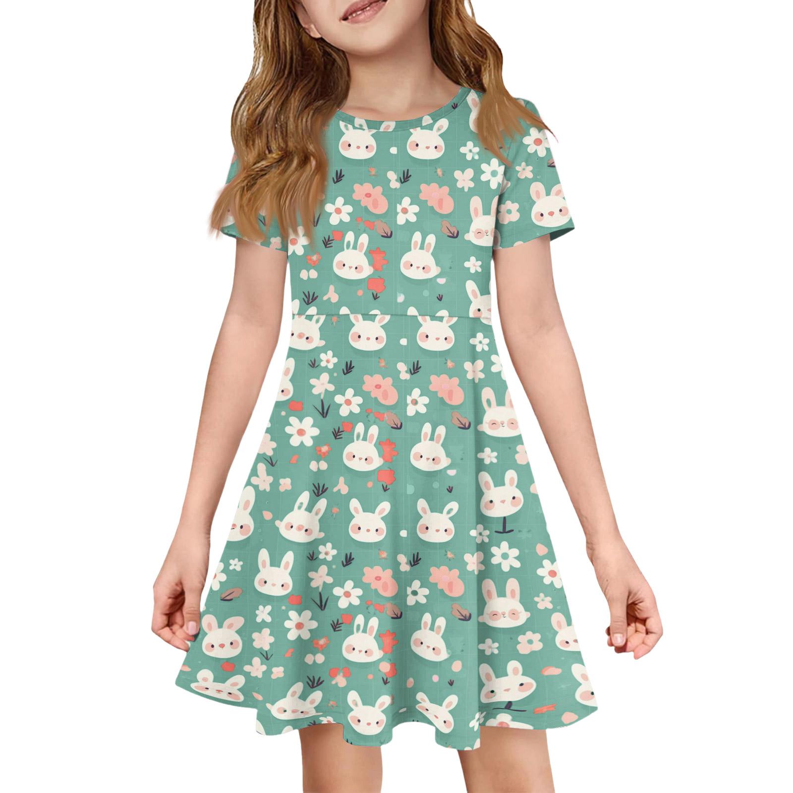 

Girl Summer Dress Color & Print Short Sleeve Dress With Pocket Casual Dress Shorts Sleeve Party Dress Easter Day 150