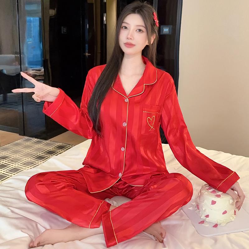 French Floral Ice Silk Long-Sleeve Ruffle Pajamas for Women - Spring & Autumn